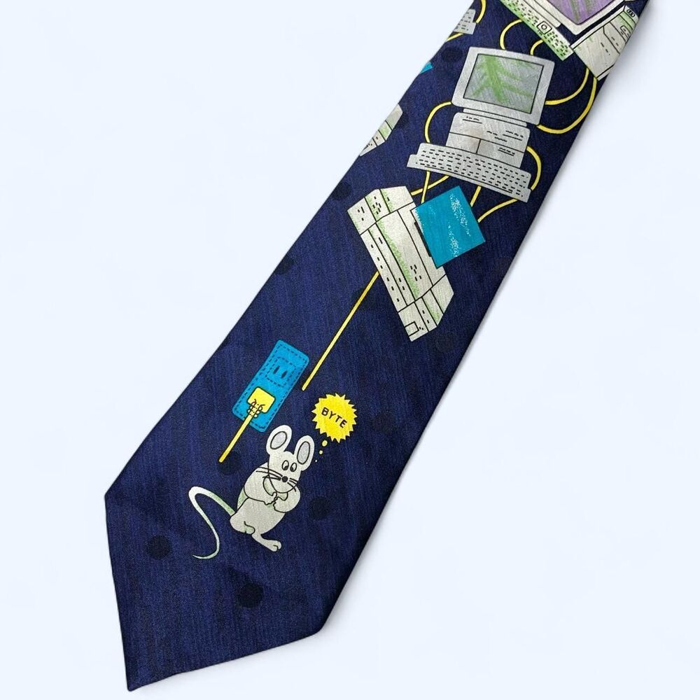 Vintage 90s Renaissance Computer Tech Necktie Desktop PC Mouse Byte Geek Retro